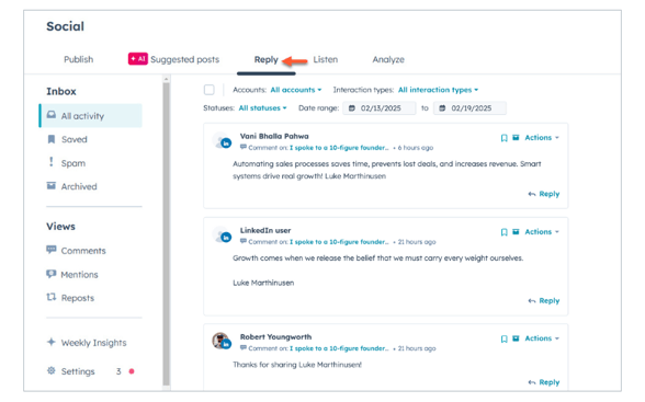 HubSpot social media reply