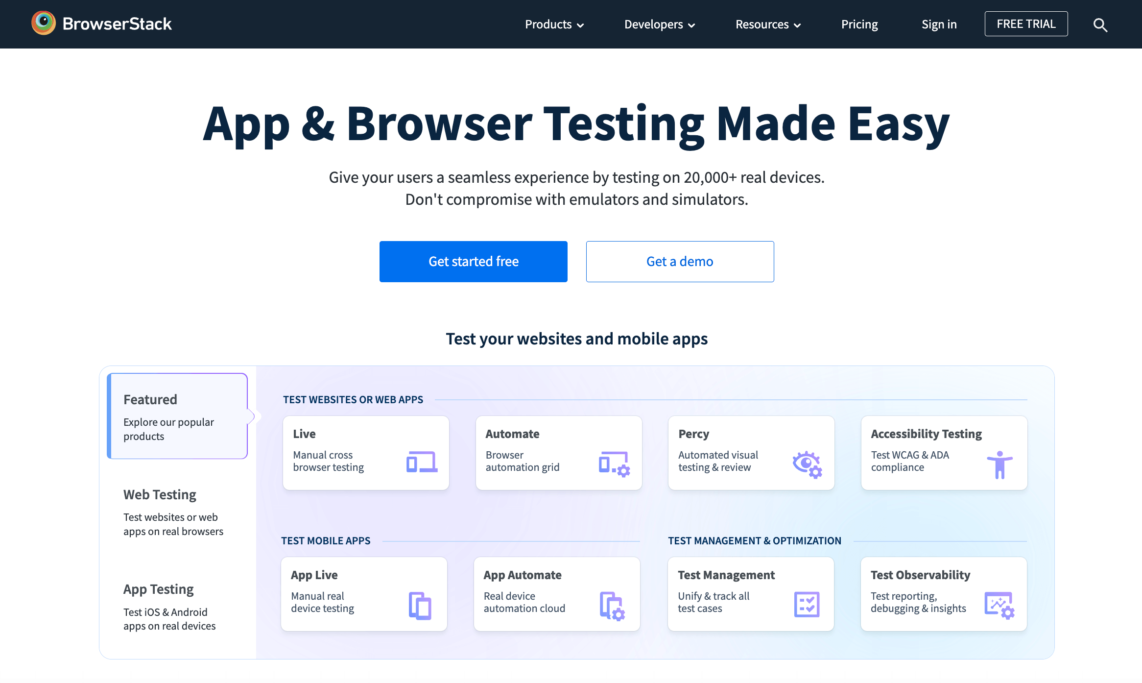 Browserstack home page