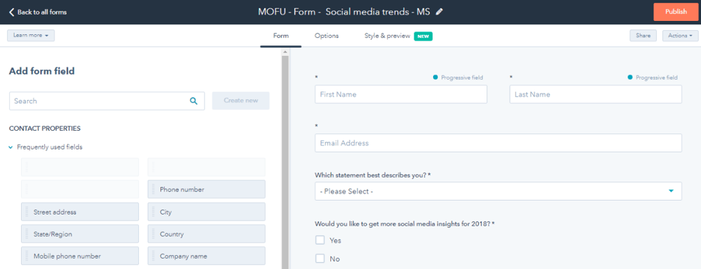 Hubspot form fields