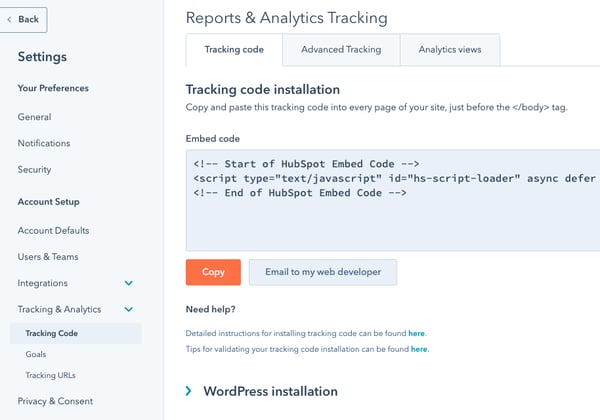 HubSpot website tracking code