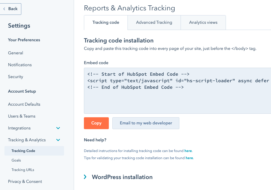 HubSpot website tracking code