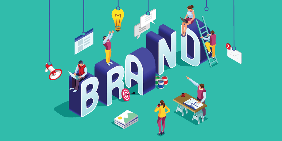 Animated characters that working on and around big letters that spell BRAND 