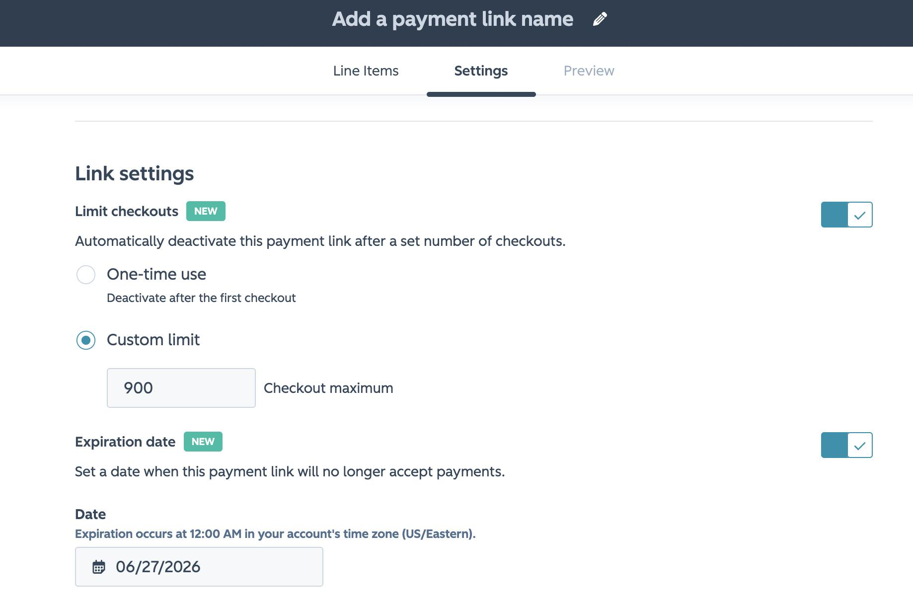 HubSpot payment link settings showing checkout limit and expiration date controls