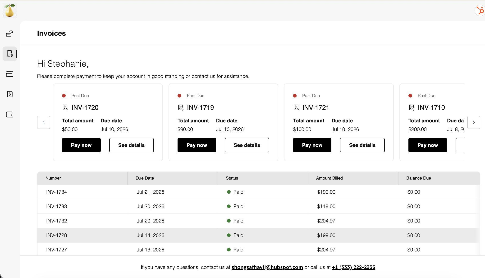 HubSpot Revenue Hub self-service billing portal showing past-due invoices with Pay now buttons and a paid invoice history