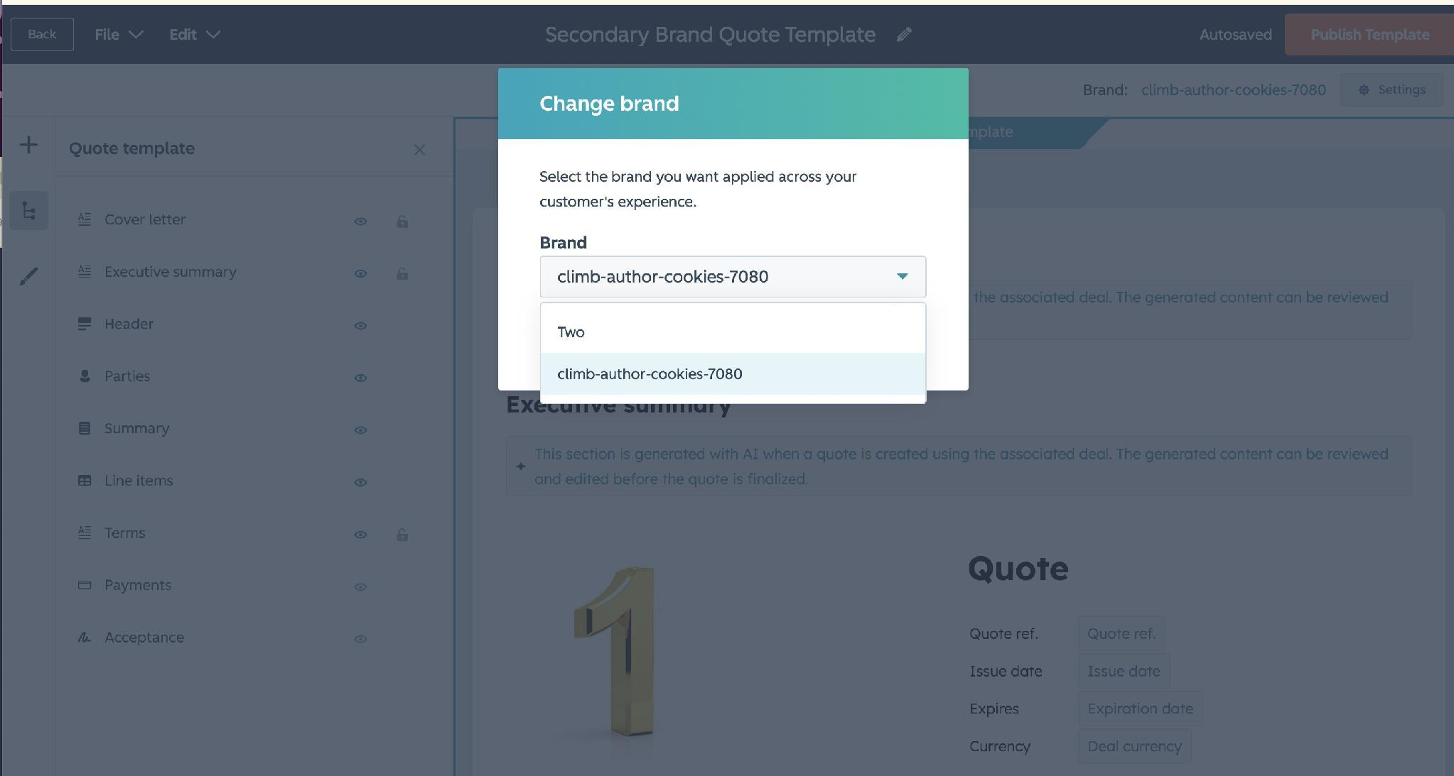 HubSpot Change brand dialog applied to a Revenue Hub quote template