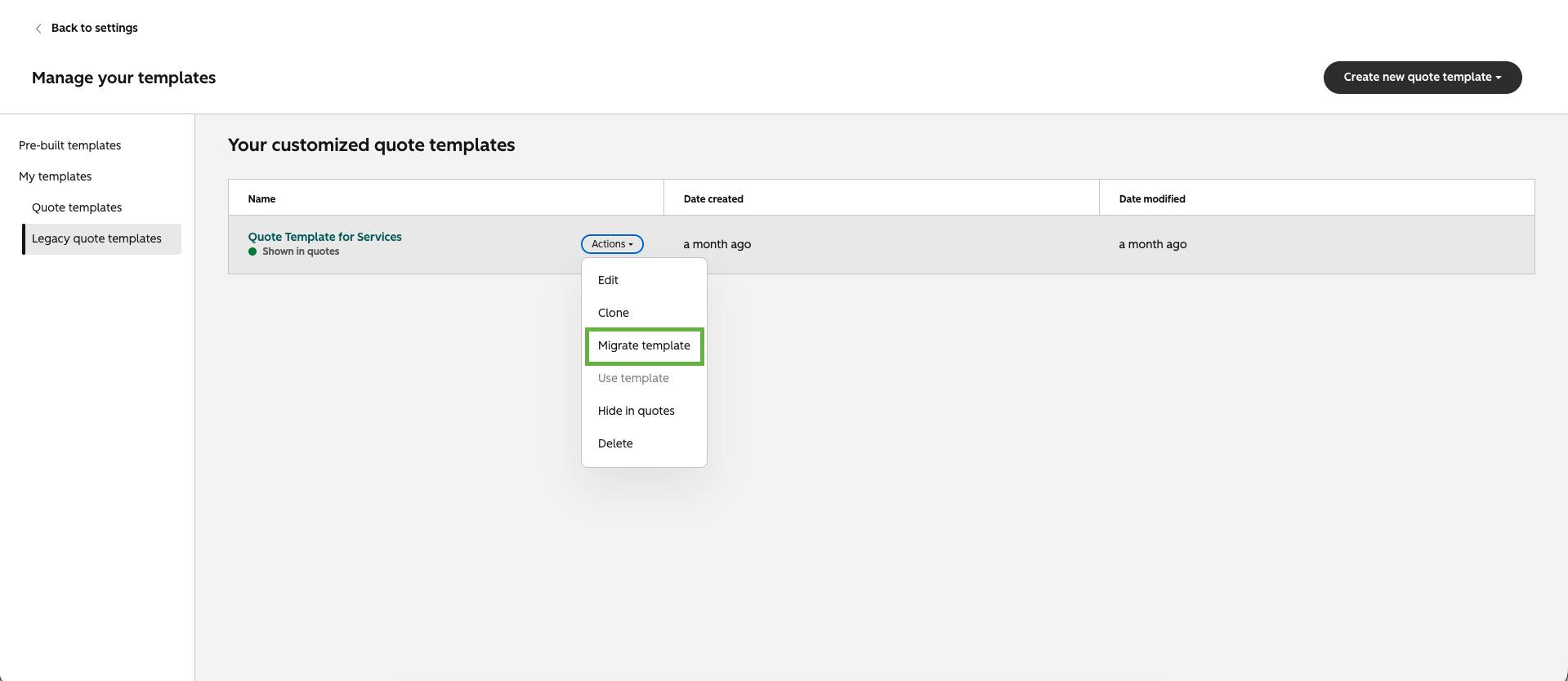 HubSpot quote template manager with the Migrate template option for legacy quote templates